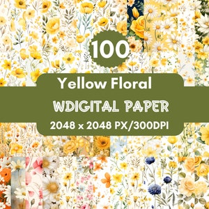 100 Yellow Watercolor Floral Digital Paper, Seamless Shabby Chic Backgrounds,Wildflower Scrapbook Junk Journal