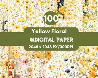100 Yellow Watercolor Floral Digital Paper, Seamless Shabby Chic Backgrounds,Wildflower Scrapbook Junk Journal