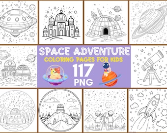 117 Space Coloring Pages: Rocket, Astronaut Activity Sheets (PNG)