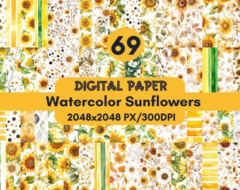 Papel digital con 69 girasoles en acuarela, texturas otoñales imprimibles, papel para álbumes de recortes sin costuras.
