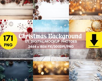 クリスマス背景モックアップバンドル：171 種類の PNG 製品背景（デジタルダウンロード）