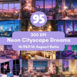 May include: A digital art print featuring multiple interior scenes with cityscapes at sunset and night. The scenes include living rooms and kitchens with large windows. Text on the image reads "95", "300 DPI", "Neon Cityscape Dreams", and "16:9&9:16 Aspect Ratio".