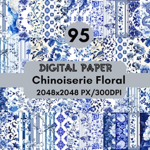 95 Chinoiserie Floral Digital Paper,French Flower Patterns,Blue and White Chinese Sublimation Decoupage Backdrop