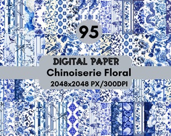 95 Chinoiserie Floral Digital Paper: Blue & White Patterns (PNG Files)