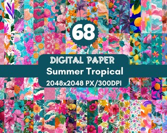 Tropical Summer Digital Paper: Floral Scrapbook Backgrounds (75 PNG Files, 300 DPI)