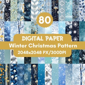 80 Winter Digital Paper Pack,Seamless Watercolor Winter Patterns,Snowflake Backgrounds Scrapbook