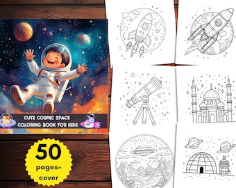 May include: A coloring book with a cover featuring a cartoon astronaut in space. The book is titled "Cute Cosmic Space Coloring Book for Kids" and has 50 pages plus a cover.