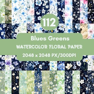 Watercolor Floral Paper: Blues & Greens, Shabby Chic (PNG Files)
