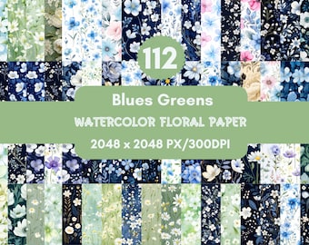 Watercolor Floral Paper: Blues & Greens, Shabby Chic (PNG Files)
