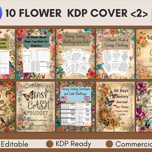 10 Editable Vintage Flowers KDP Book Cover,Premade Book Cover,Composition Notebook Cover,Planner Cover