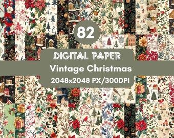 82 Vintage Christmas Digital Pattern Paper,Christmas Paper Pack,Xmas Scrapbook Paper,Watercolor Background