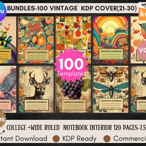 100 Editable Antique Book Cover Bundle,Vintage Canva Book Cover,Composition Notebook Cover Design