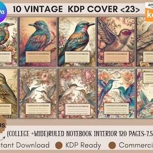May include: Ten vintage KDP notebook covers with bird illustrations. Each cover features a different bird design in shades of blue, green, and brown, set against a floral background. The notebooks are 7.5 x 9.25 inches and have college-ruled pages.