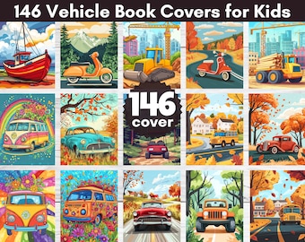Kids Vehicle Book Covers: 146 Vintage Designs (Printable PNG)
