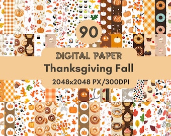 May include: A set of 90 digital papers featuring Thanksgiving and fall themes. The papers include patterns of pumpkins, leaves, donuts, cupcakes, and other fall-themed designs. The papers are 2048x2048 pixels and 300 DPI.