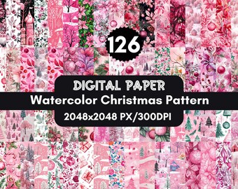 126 Pink Christmas Digital Paper: Pastel Watercolor Ephemera (PNG Files)