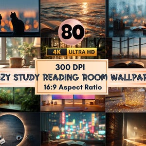May include: A collage of images featuring cozy reading room scenes. The images include a window with cat silhouettes, an open book, and text that reads "COZY STUDY READING ROOM WALLPAPER" with "4K ULTRA HD" and "300 DPI".