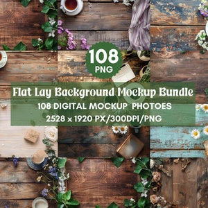 Könnte beinhalten: Eine Sammlung von 108 digitalen Flat-Lay-Mockup-Fotos mit verschiedenen Holzhintergründen mit Blumenarrangements, Kaffeetassen und anderen dekorativen Elementen. Die Fotos sind 2528 x 1920 Pixel groß und haben 300 DPI.