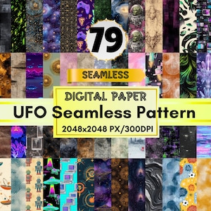 May include: A collection of 79 seamless digital paper patterns with a UFO theme. The patterns feature various designs, including space, aliens, and abstract art. The image includes the text "UFO Seamless Pattern" and "2048x2048 PX/300DPI".