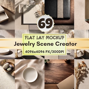 Pode incluir: Imagem de maquete flat lay com vários elementos para a criação de cenas de joias. Inclui uma caixa, um prato redondo, pedras numa tigela de madeira e uma tábua de madeira. O texto "FLAT LAY MOCKUP Jewelry Scene Creator 4096x4096 PX/300DPI" também está presente.