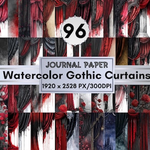 May include: A digital collage featuring 96 watercolor gothic curtain designs in shades of red, black, and gray. The image includes the text "Journal Paper Watercolor Gothic Curtains" and dimensions 1920 x 2528 PX/300DPI.