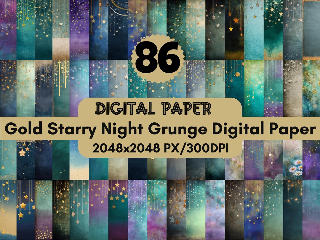 86 Gold Starry Night Grunge Digital Paper Pack:high-res Gold Stars ...