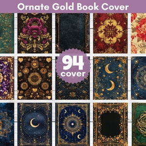 Puede incluir: Una colección de 94 cubiertas de libros doradas adornadas con diversos diseños. Las cubiertas presentan patrones intrincados, motivos celestiales y elementos florales. Las cubiertas son una mezcla de colores azul oscuro, verde, morado y rojo.