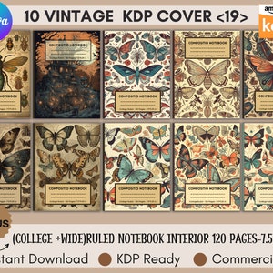 May include: A collection of ten vintage-style composition notebooks. The covers feature insect and butterfly illustrations, a haunted house, and botanical designs. Each notebook is college-ruled with 120 pages and measures 7.5 x 9.25 inches. Includes bonus content and is KDP ready.