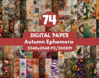Papel digital efímero de otoño: texturas vintage, fondos para álbumes de recortes (74 archivos PNG)