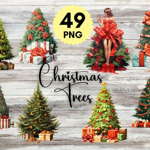 49 Vintage Christmas Trees Clipart,Antique Winter Holiday Clip Art,Christmas Tree PNG Bundle