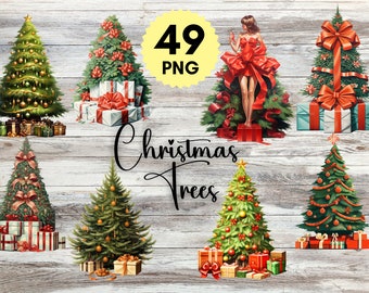49 Vintage Christmas Trees Clipart,Antique Winter Holiday Clip Art,Christmas Tree PNG Bundle