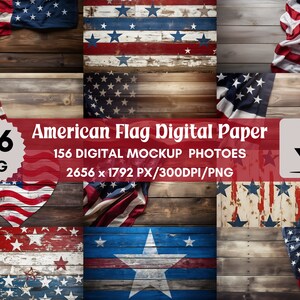 May include: 156 digital paper backgrounds featuring American flag designs in various styles, including distressed and vintage looks. The backgrounds are perfect for creating patriotic crafts, scrapbooking, and digital design projects.  2656 x 1792 pixels, 300 DPI, PNG format.