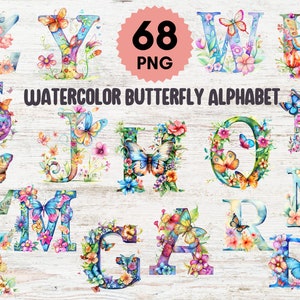 68 Aquarell Schmetterling Alphabet, Schöne Schmetterling Alphabet Sublimation, Schmetterling Bunte Alphabet PNG