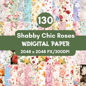 130 Shabby Chic Roses Digital Paper,Seamless Romantic Floral Backgrounds,Vintage Scrapbook Paper
