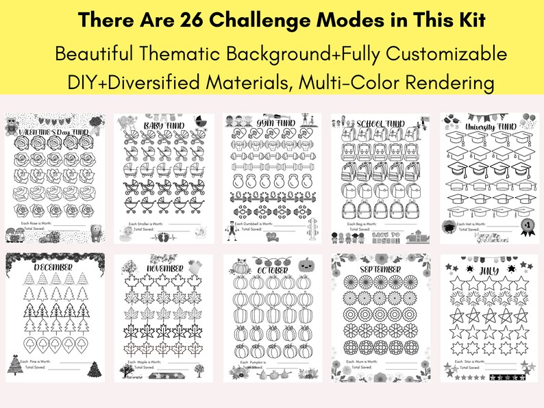 May include: Black and white printable activity sheets for kids. The sheets feature different themes, such as Valentine's Day, baby, gym, school, university, December, November, October, September, and July. Each sheet has a title and a grid of images to color in.