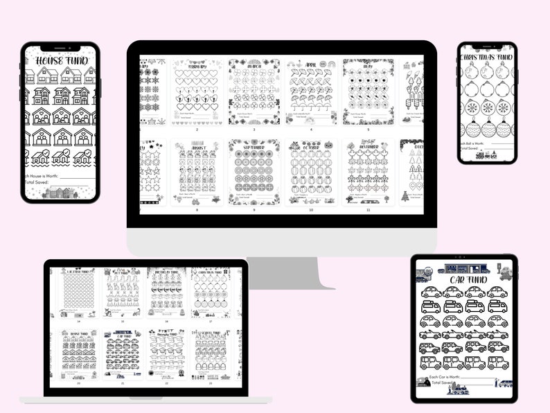 May include: A set of printable worksheets for kids featuring black and white illustrations of houses, Christmas ornaments, and cars. The worksheets include the text "House Find", "Christmas Find", and "Car Find".