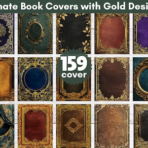May include: A collection of 159 ornate book covers featuring gold designs. The covers display a range of patterns and textures, including floral motifs, geometric shapes, and intricate scrollwork. The covers are all in a vintage style and would be ideal for adding a touch of elegance to any book.