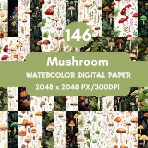 May include: A set of 146 digital papers featuring watercolour illustrations of mushrooms in various colours and styles. The papers are 2048 x 2048 pixels and 300 DPI.