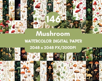 May include: A set of 146 digital papers featuring watercolor illustrations of mushrooms in various colors and styles. The papers are 2048 x 2048 pixels and 300 DPI.