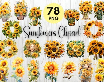 78 Watercolor Sunflowers Clipart Bundle,Fall Sunflower Floral Bouquets,Boho Flowers