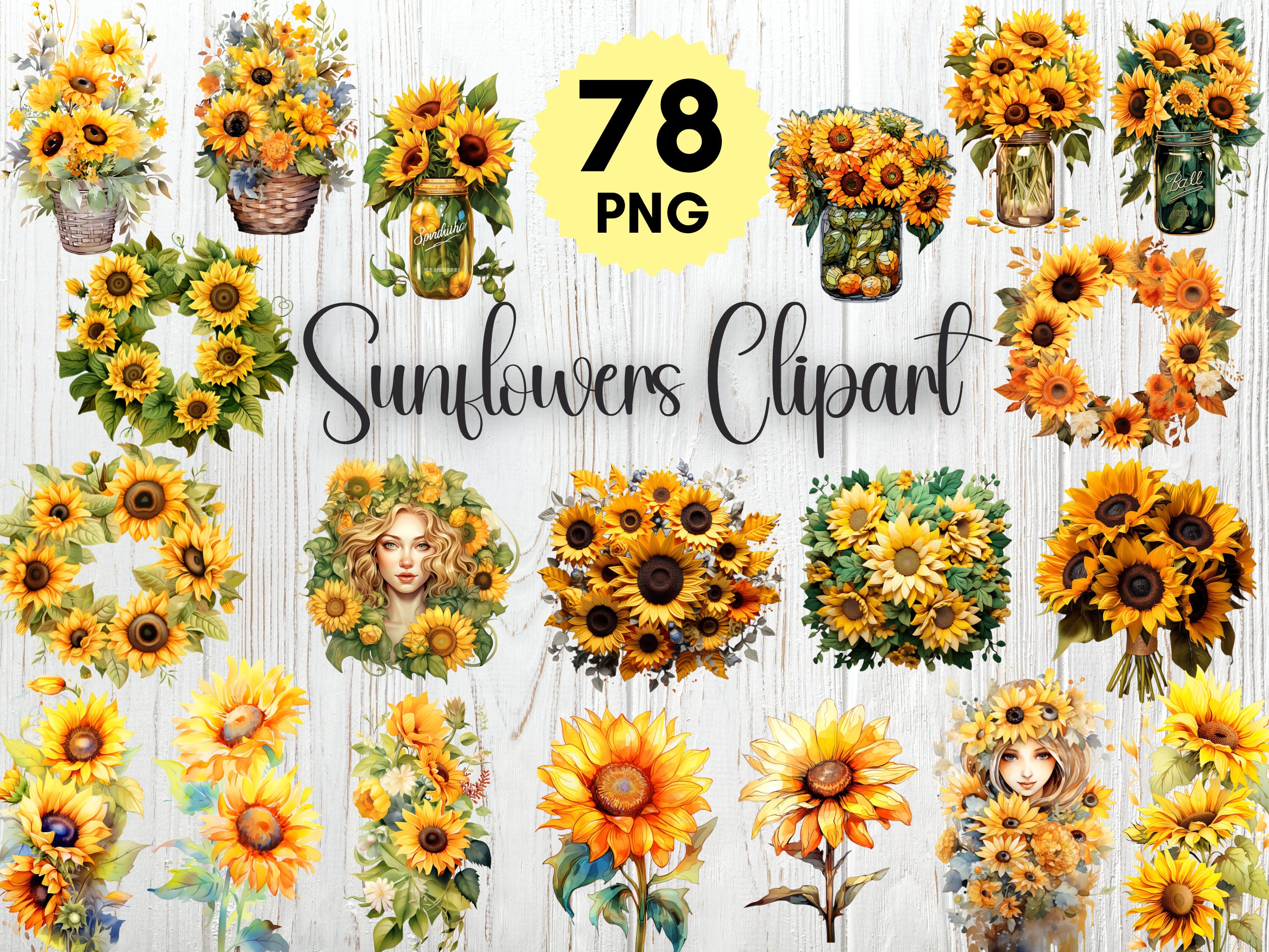 78 Watercolor Sunflowers Clipart Bundle,fall Sunflower Floral Bouquets ...