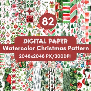 May include: A set of 82 digital watercolor Christmas patterns featuring various holiday elements like ornaments, presents, trees, and poinsettias. The patterns are 2048x2048 pixels and 300 DPI.