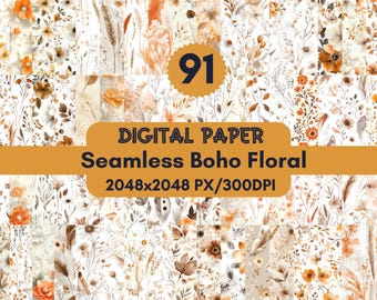 91 Boho Floral Digital Paper: Seamless Bohemian Patterns (PNG Files)