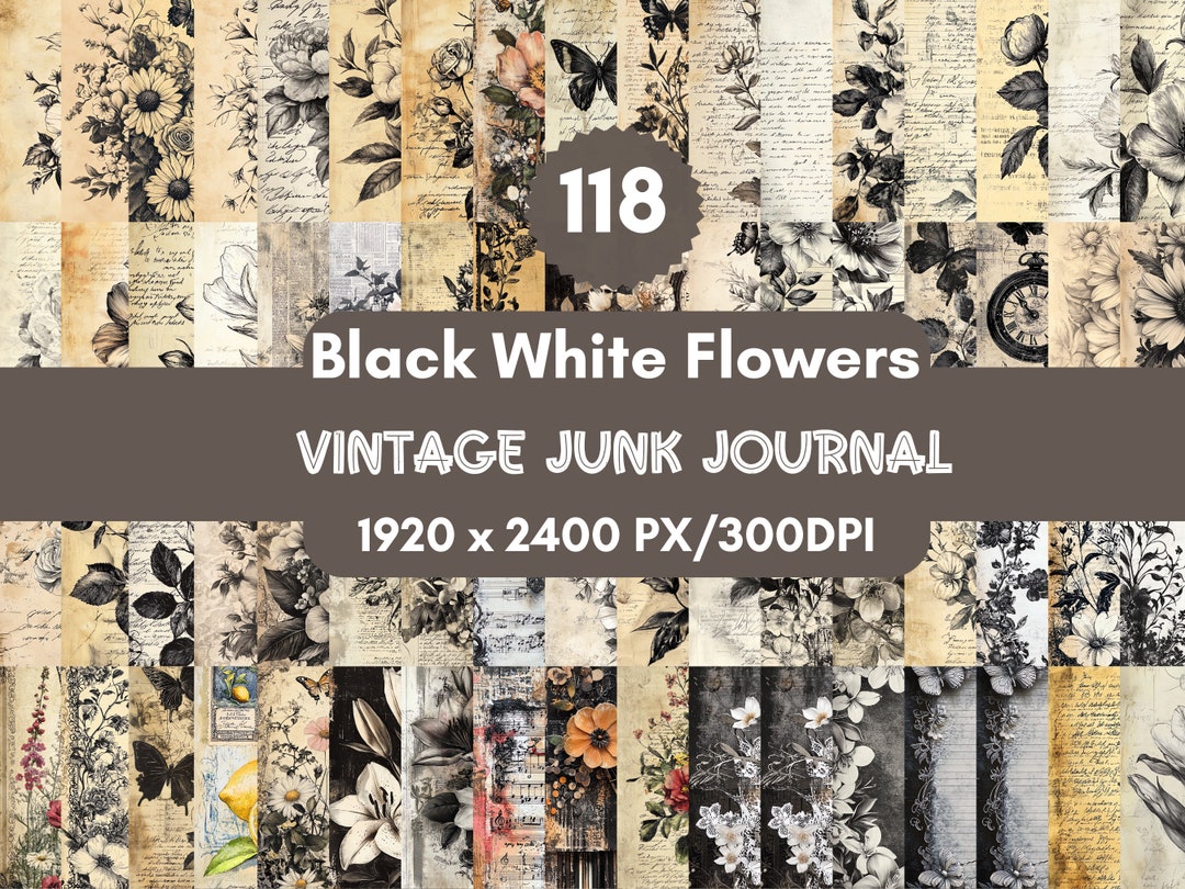 Black & White Floral Junk Journal: Vintage Printable Paper (118 PNG ...