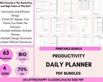 Printable Daily Planner Templates Bundle,Minimalist Daily Planner,Daily Hourly Planner,Productivity Schedule Planner