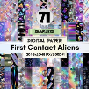 Puede incluir: Un conjunto de papel digital titulado "First Contact Aliens" con 71 diseños sin costuras. La imagen presenta una variedad de patrones coloridos e iridiscentes con elementos temáticos de extraterrestres y espacio. La resolución es de 2048x2048 píxeles a 300 DPI.