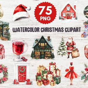 Pacote de 75 clipart de Natal em aquarela, feriados de inverno em aquarela PNG, personagens bonitos de Natal, árvore de Natal PNG