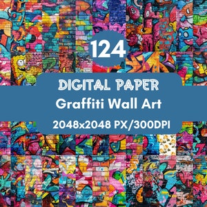 Op de afbeelding: Een digitaal papierpakket met 124 kleurrijke graffiti-ontwerpen op een bakstenen muur achtergrond. De ontwerpen zijn een mix van abstracte en figuratieve kunst, met felle kleuren en gedurfde lijnen. De tekst "DIGITAL PAPER Graffiti Wall Art 2048x2048 PX/300DPI" wordt weergegeven op een blauwe banner.