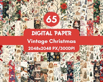 65 Vintage Christmas Digital Paper: Seamless Holiday Patterns (PNG Files)