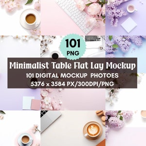 Puede incluir: Una colección de 101 fotos de maquetas digitales que presentan una disposición plana minimalista en una mesa con varios artículos, incluyendo una computadora portátil, tazas de café, flores y artículos de papelería. Las fotos son de 5376 x 3584 píxeles y 300 DPI.